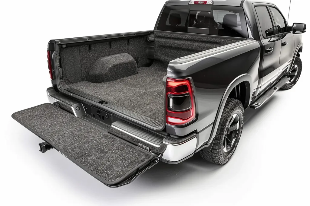Una alfombra negra y gris para la caja de una camioneta con el portón trasero abierto