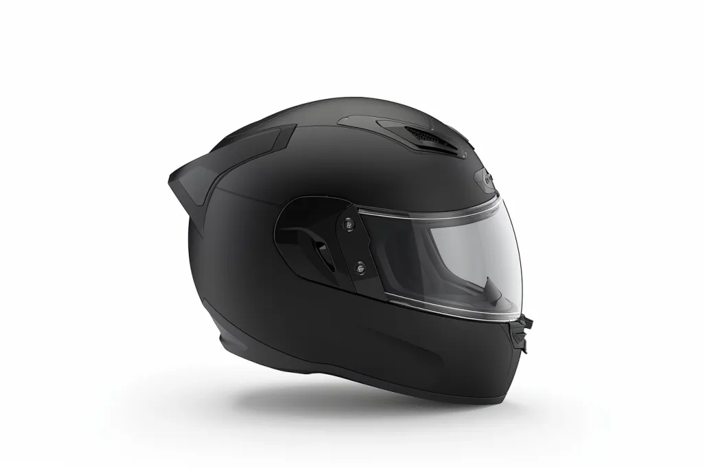 A black matte helmet with an open visor and built-in bluetooth earpiece