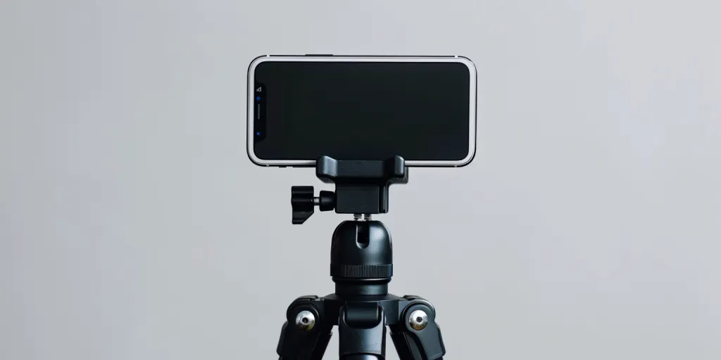 A black tripod with an iPhone on top