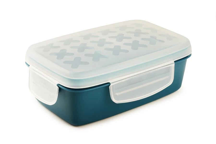 A blue lunch box with white cover 