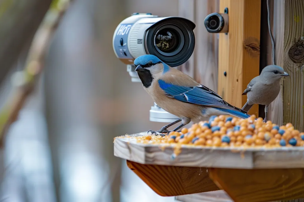 A camera lens mounted on the side of bird kitchen