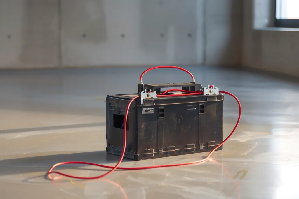 A car battery with two red and black wires connected to the top of it