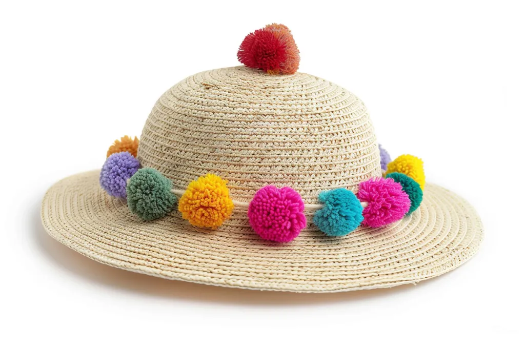 Um lindo chapéu de palha de cor creme com pompons coloridos adornando a aba