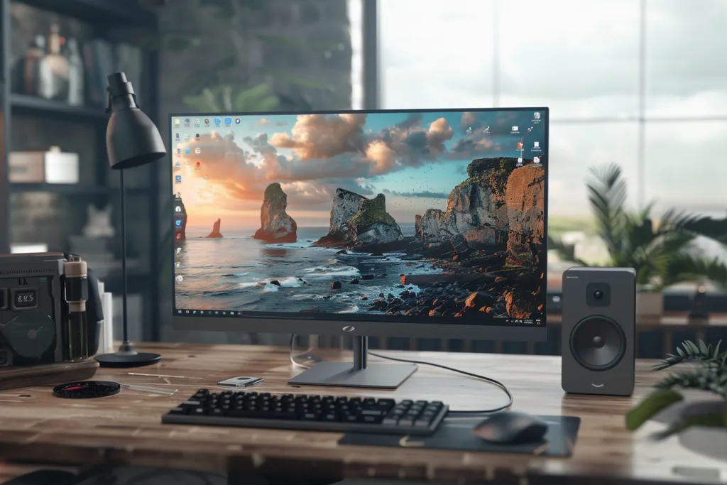 A desktop computer with an all-in-one monitor