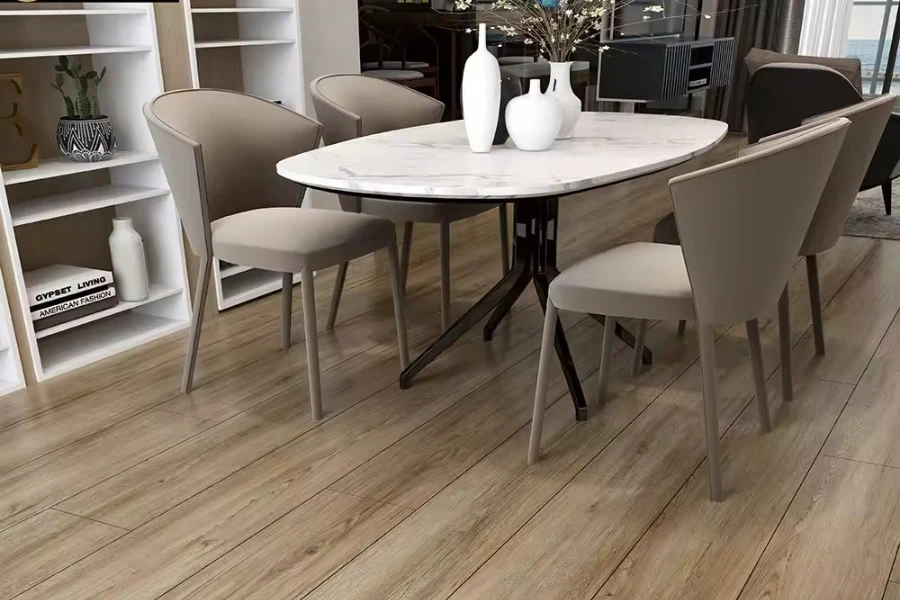 A dining area with luxury vinyl plank flooring