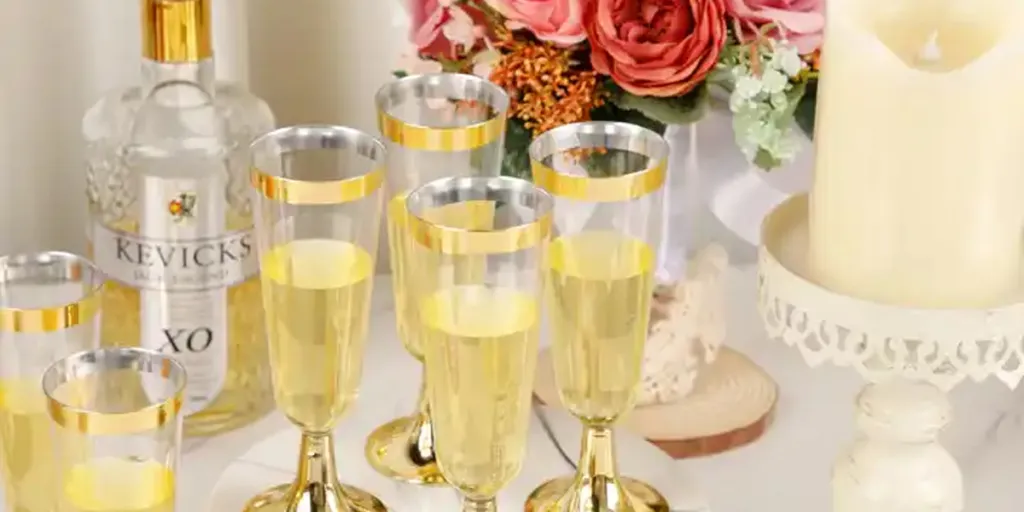 Eine Ausstellung mit Champagnergläsern, Blumen, einer Kerze und einer Flasche Alkohol