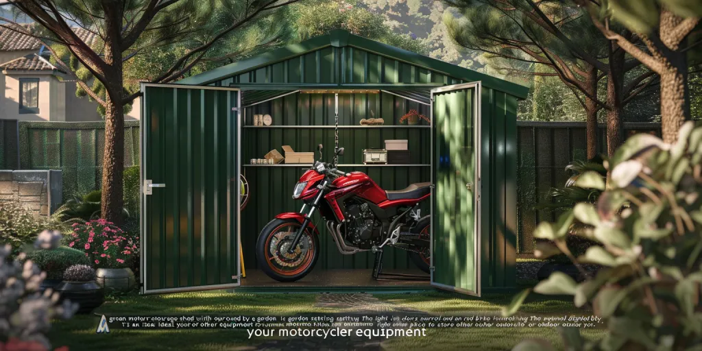 A green motorcycle storage shed