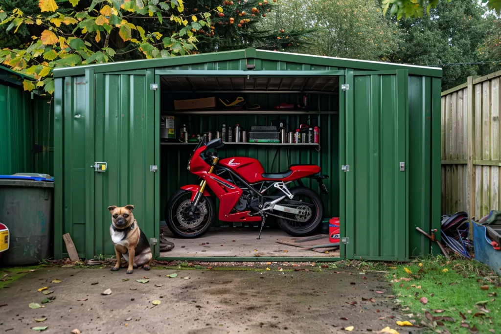 A green outdoor motorcycle storage shed with double doors