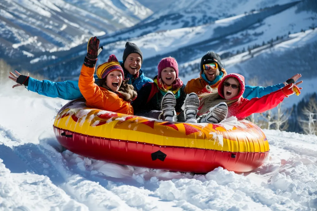 Eine Gruppe von Freunden hat in Skiausrüstung Spaß im Schnee