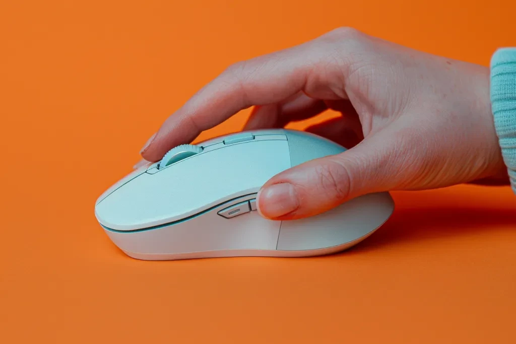 A hand holds a white wireless mouse