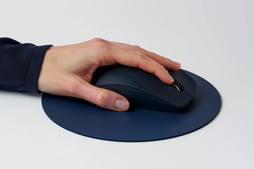 Рука держит компьютерную мышь на темно-синем пенопластовом коврике овальной формы.