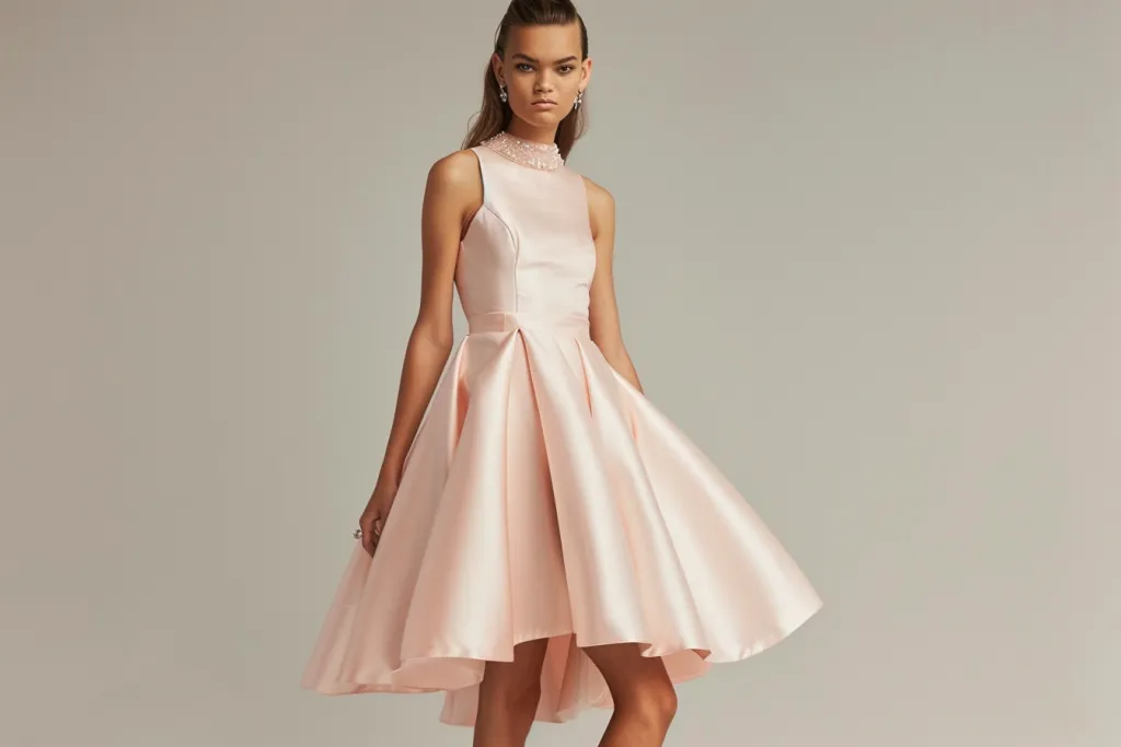 A high-quality, light pink A-line satin dress with an asymmetrical cut and beaded neckline