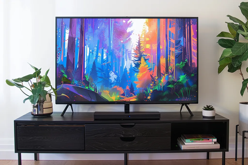A large digital art frame with an illustration of the forest on it