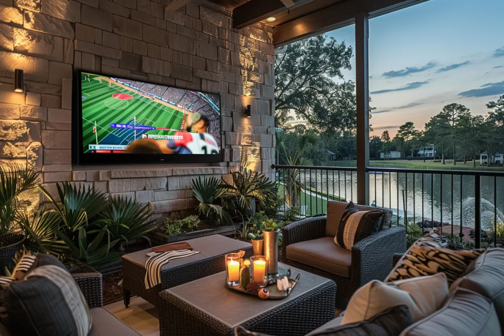 Un gran televisor de pantalla plana está montado en la pared de una terraza al aire libre