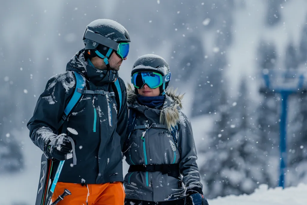Um homem e uma mulher usando equipamento de esqui ficam na neve