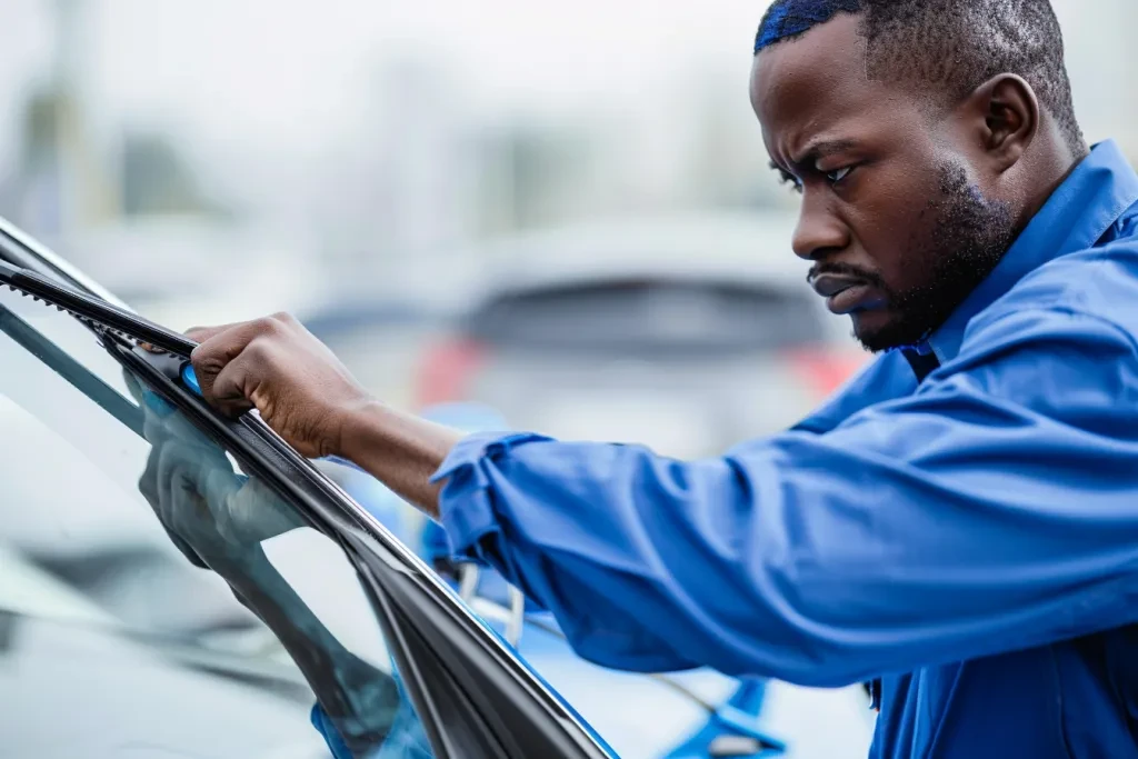 Un uomo in uniforme blu sta cambiando la spazzola del tergicristallo sul parabrezza della sua auto