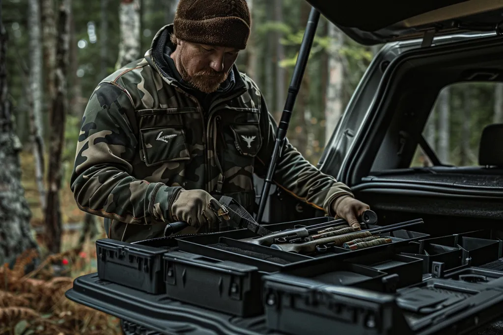 Ein Mann lädt die Jagdausrüstung seines Besitzers in den Kofferraum eines SUVs