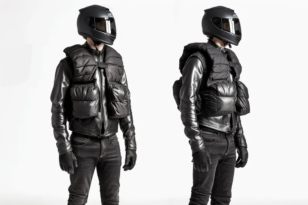 A man wearing an airbag vest and black leather jacket on a white background