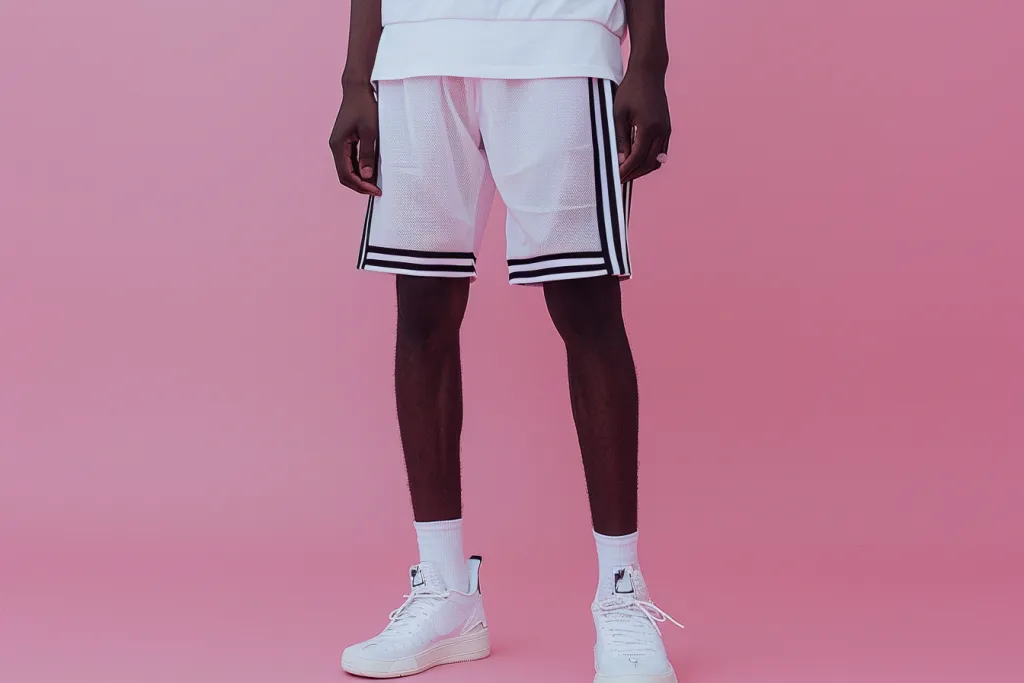 A man wearing white and black mesh basketball shorts with side stripes