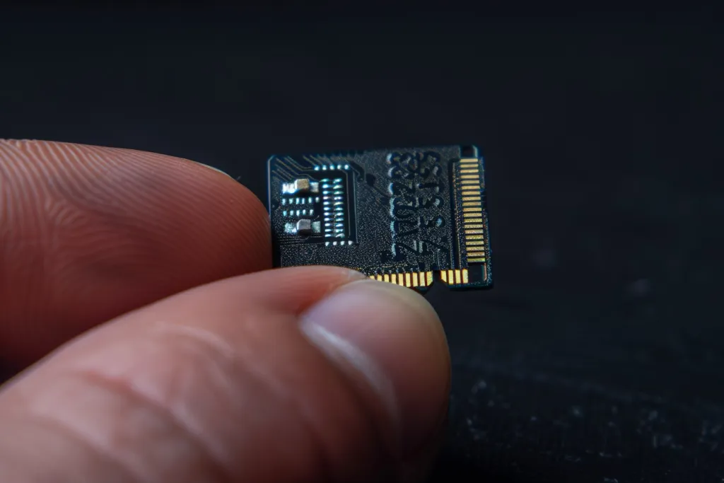 O cartão de memória do micro Tender é colocado na ponta do seu dedo