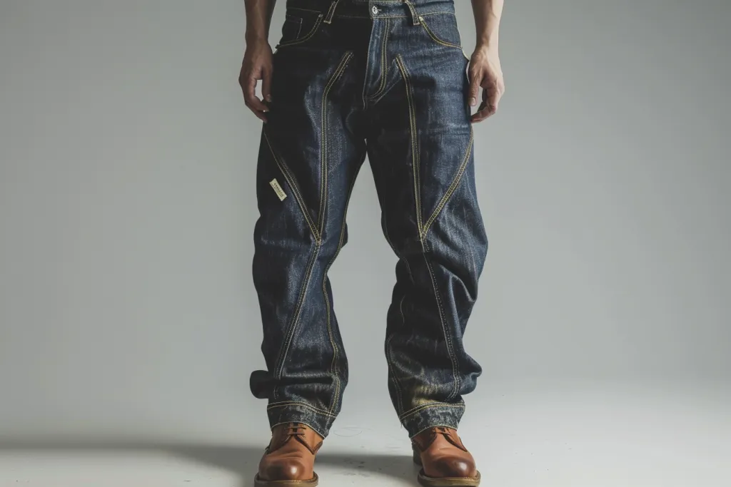 A pair of jeans with an asymmetrical design