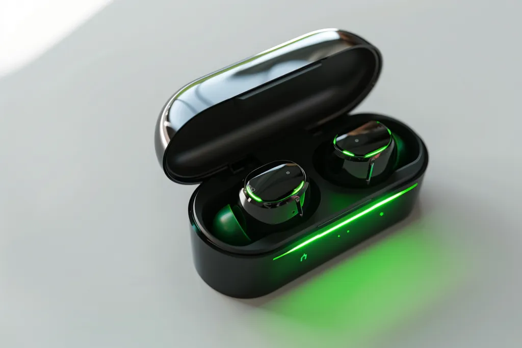 Yeşil LED ışıklı bir çift kablosuz kulaklık