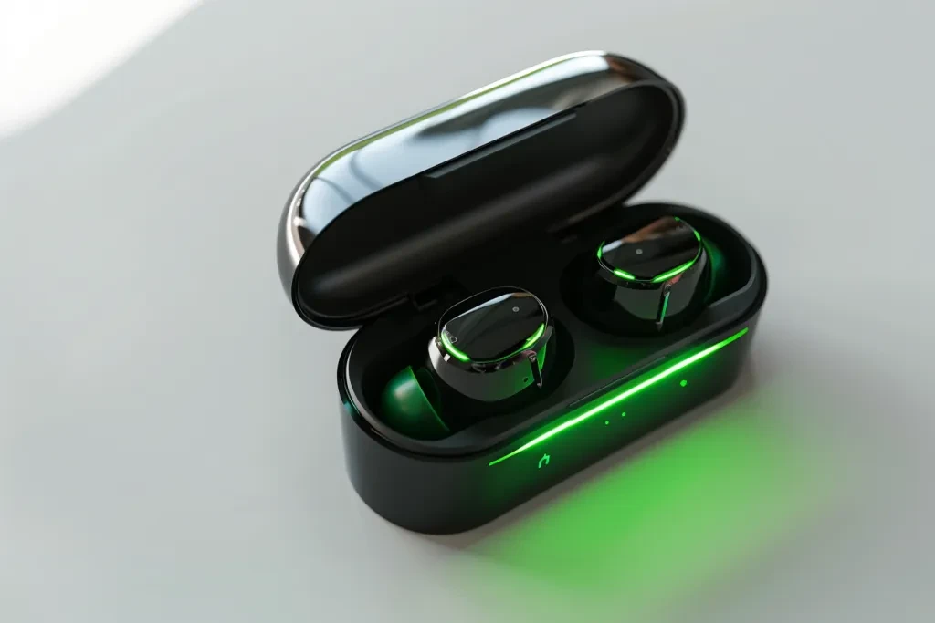 A pair of wireless earbuds with green LED lights