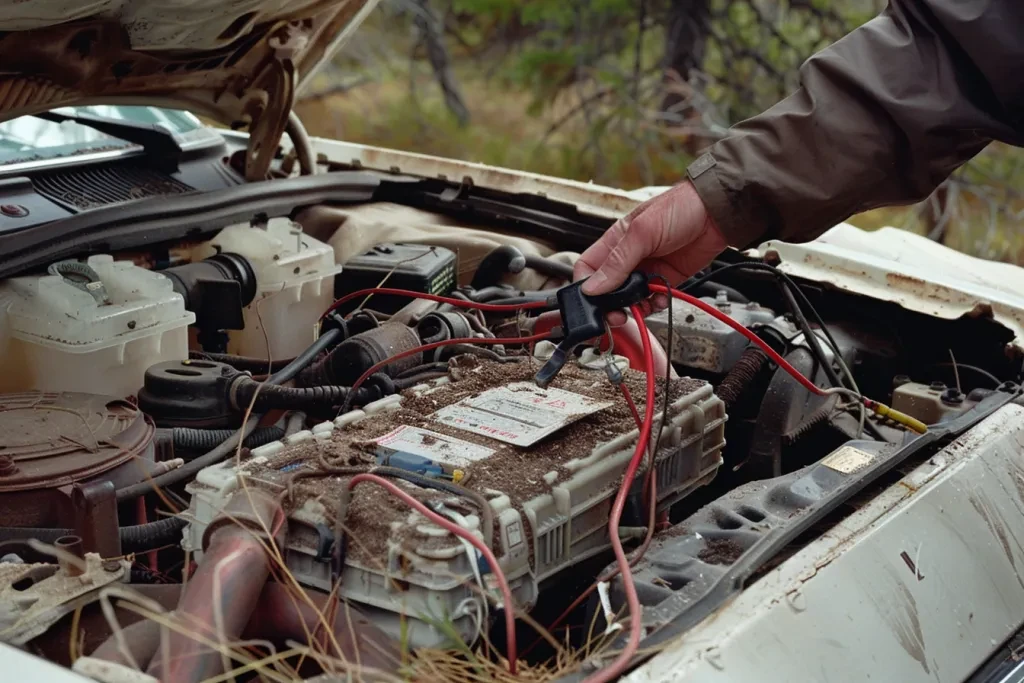 Eine Person lädt die Autobatterie mit einer leeren Stromkassette auf