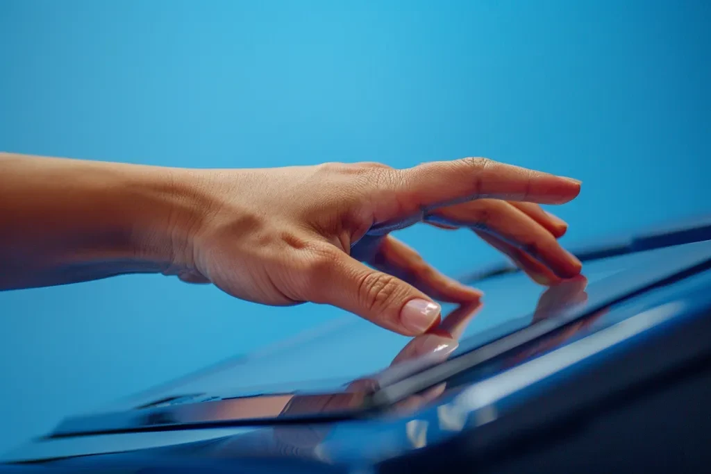 A person is holding the copier's touch screen