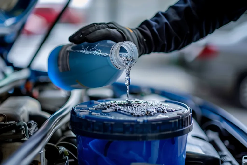 Eine Person gießt Frostschutzmittel in einen blau-weißen Behälter unter ihrer Motorhaube