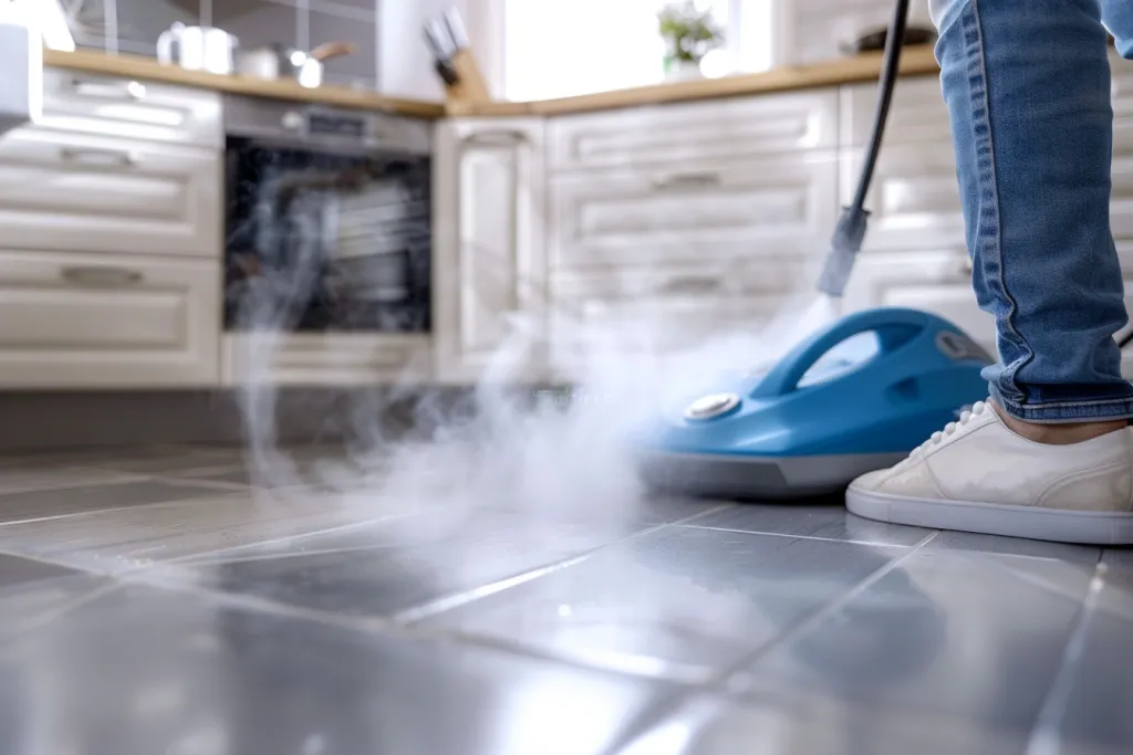 Una persona está usando una máquina de vapor para limpiar los azulejos sucios del piso de su cocina.