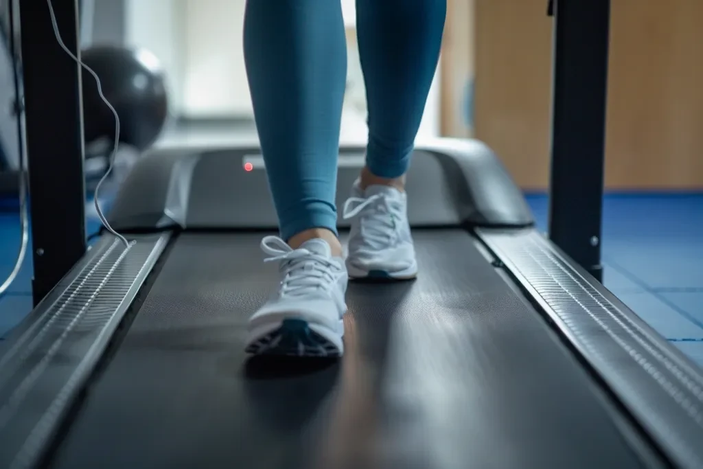 Une personne marche sur le tapis de marche