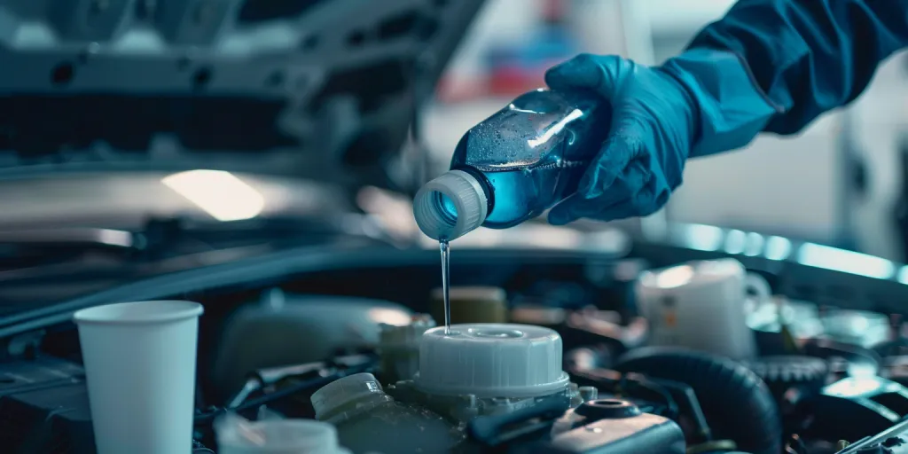 A person wearing blue gloves is pouring antifoline liquid into the engine