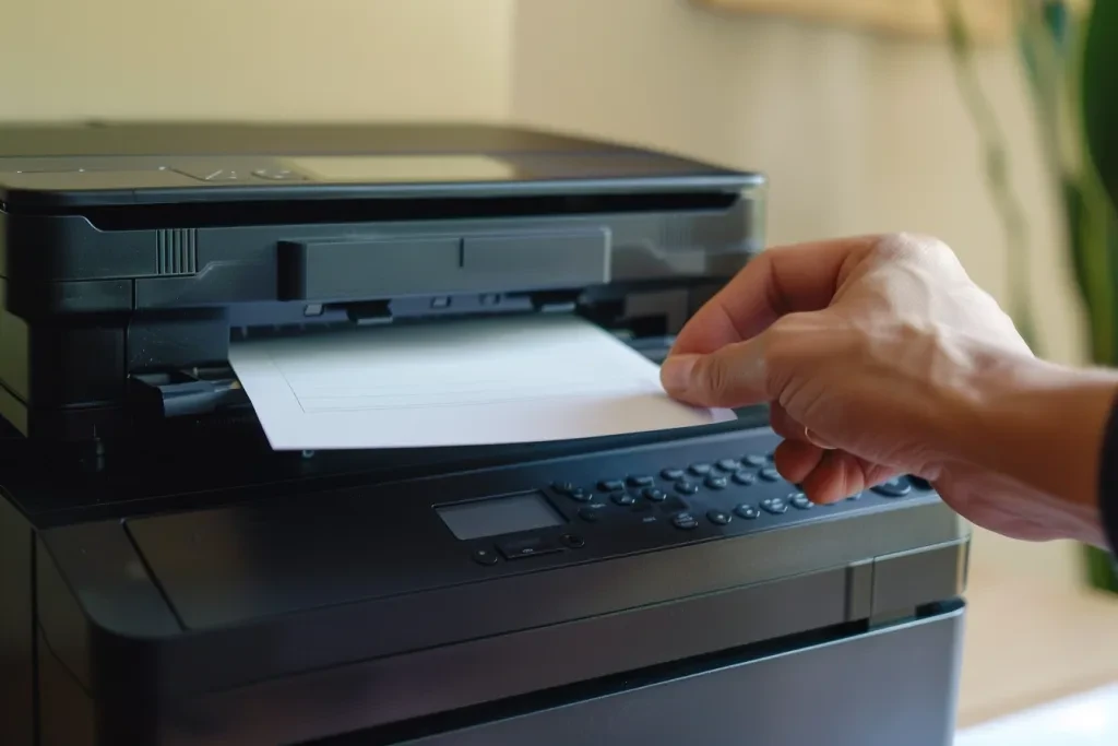 Tangan seseorang dengan hati-hati memasukkan kertas ke dalam slot atas printer hitam yang kosong