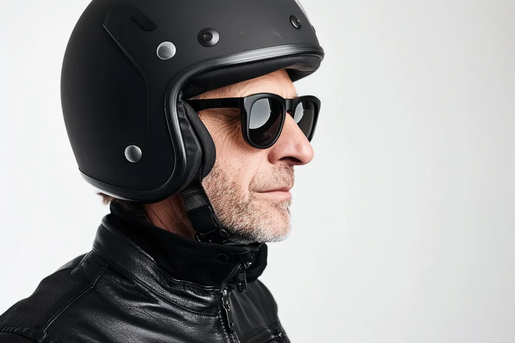 Uma foto de um homem usando óculos escuros pretos e capacete