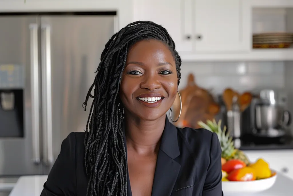 A photo of an woman with long box braids in her kitchen