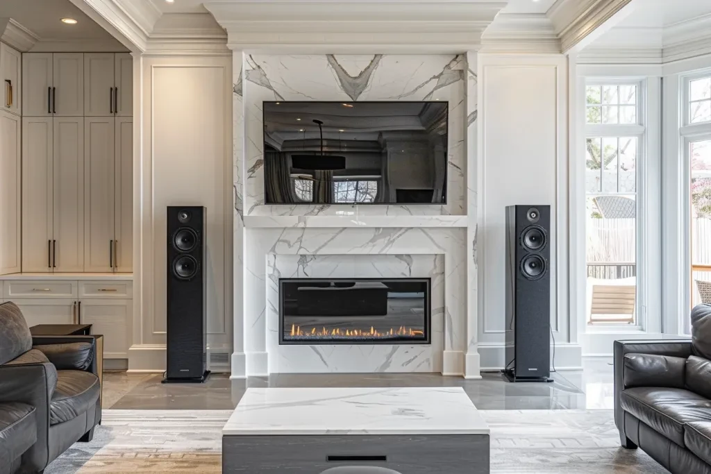 A photo of large black speakers on either side of the fireplace