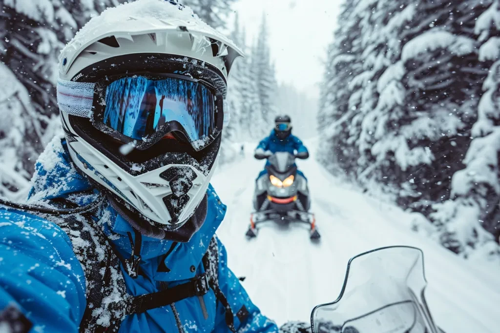 Ein Foto von Schneemobilen und ihrem Piloten in blauer Ausrüstung