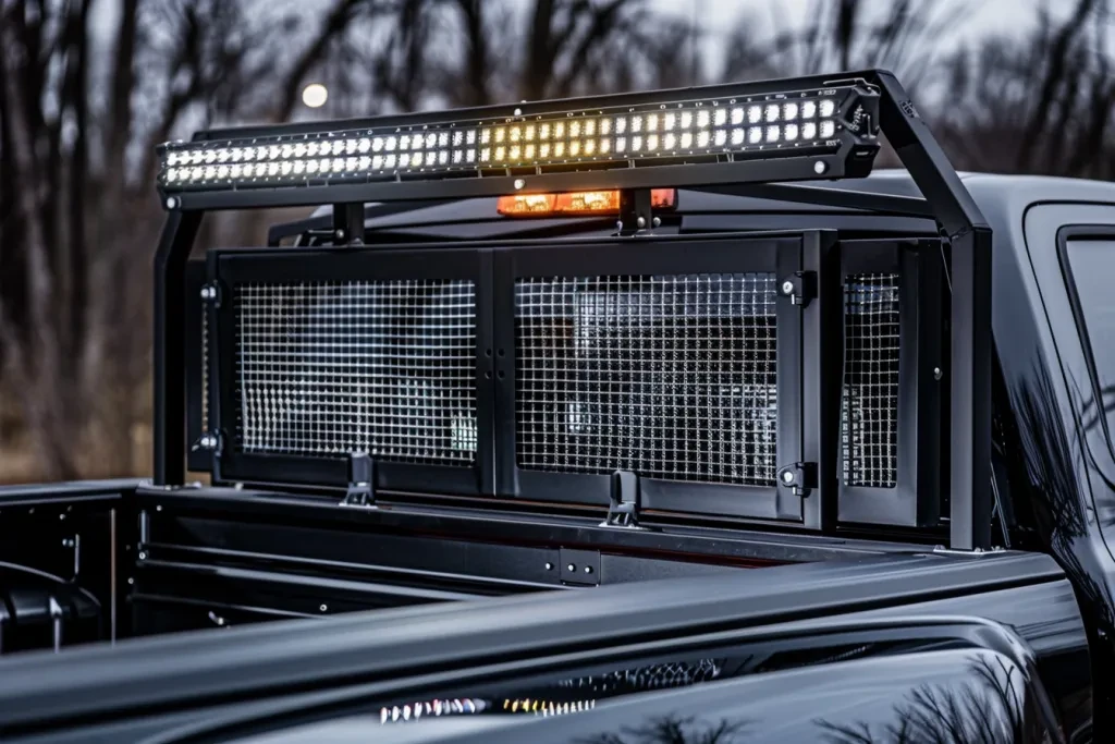 A photo of the back end of an open truck bed with metal mesh storage boxes