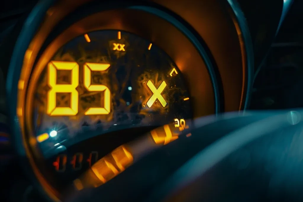 A photo of the tachometer on an car