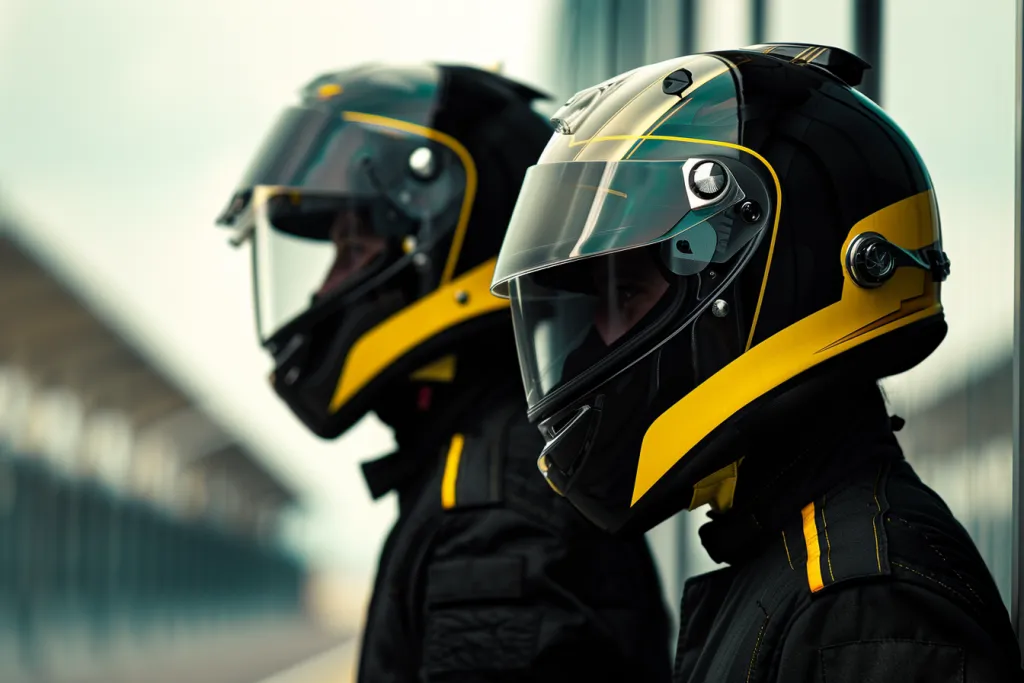 A photo of two men wearing black and yellow racing helmets