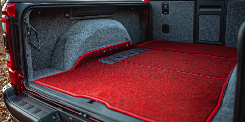 A photo shows a red bed truck mat made of gray felt fabric with black stitching around the edges