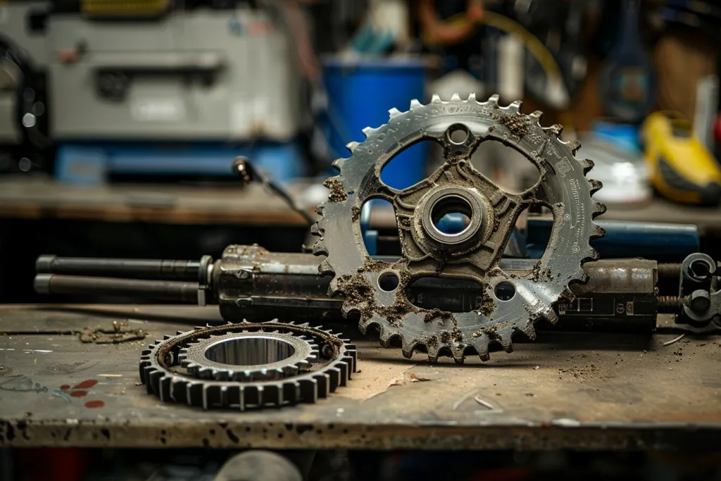 an old bike chainring being taken off while the other remains in place on top