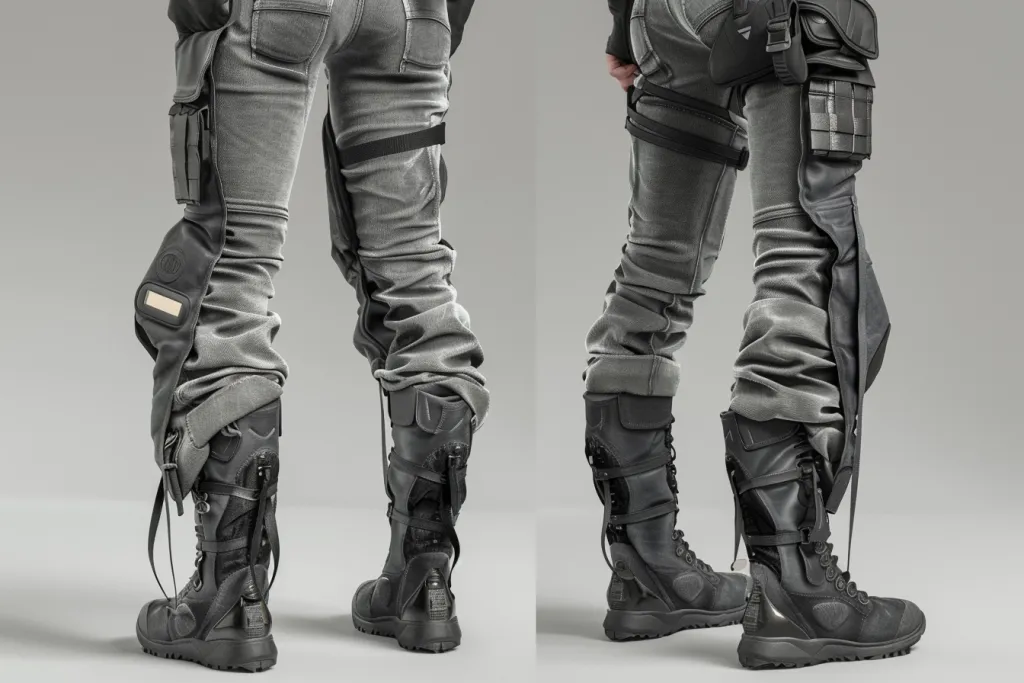 Фотореалистичное изображение показывает одну сторону с правой и левой ногой в черных туфлях.
