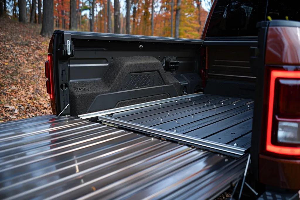 A picture of the truck bed with its cargo slide open and ready to be used