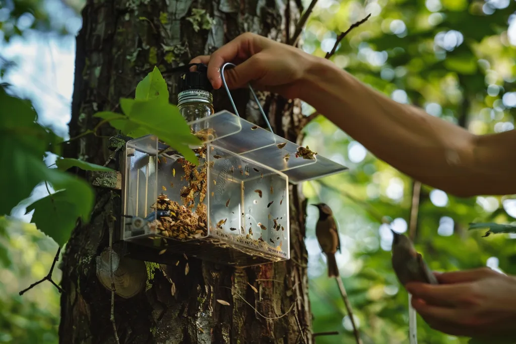 A plastic box is attached to the bottom of an outdoor tree with metal tape