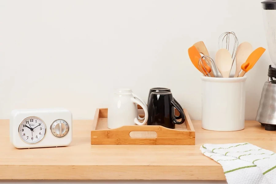 A retro kitchen timer onna counter