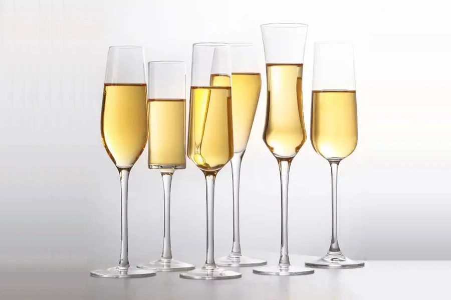 Una selección de seis copas de champán con forma de flauta diferentes.