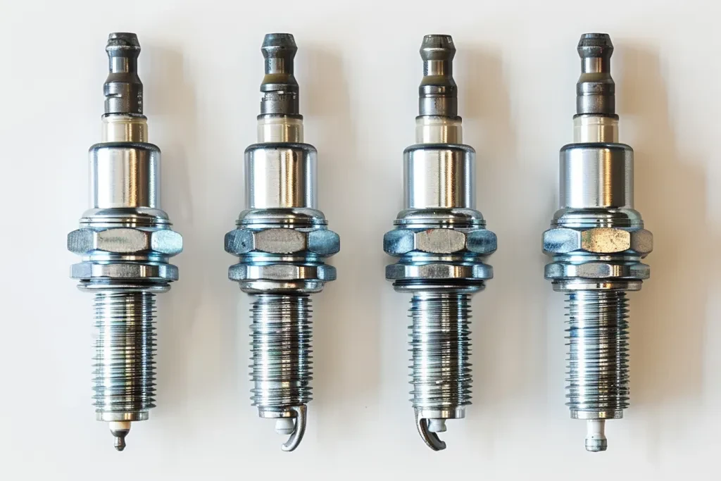 A set of four new spark plugs on a white background