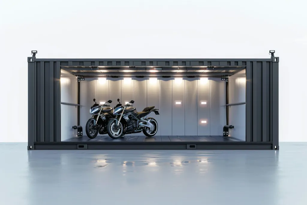 Un contenedor de envío con tres soportes para motocicletas en su interior.